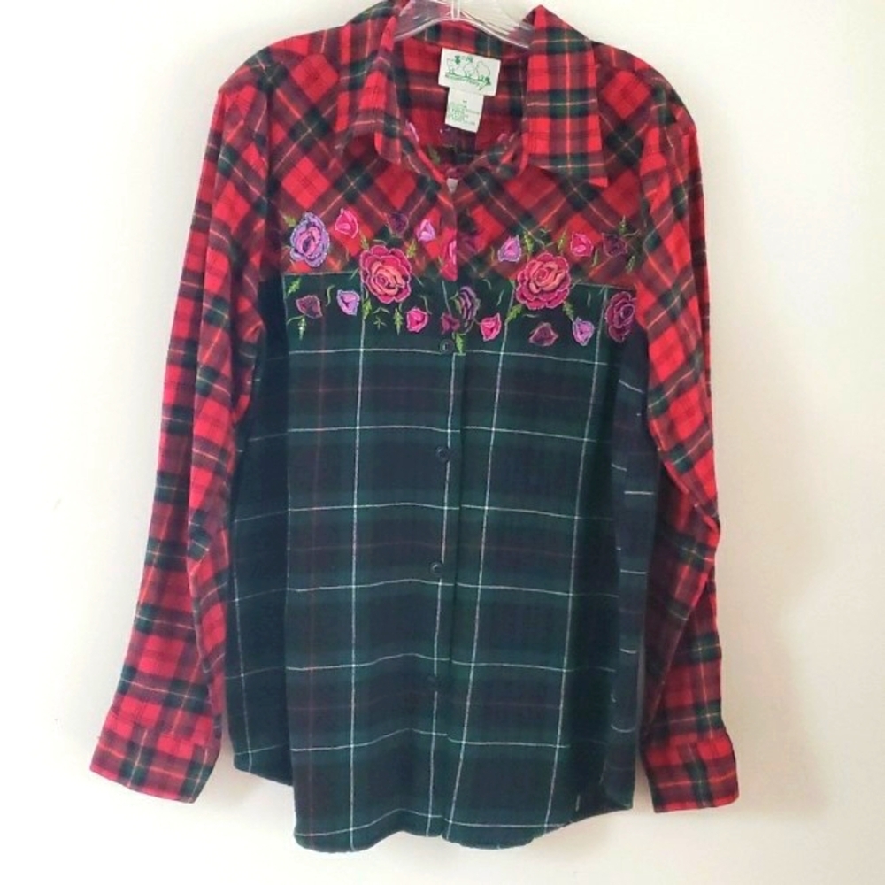 QUACKER FACTORY Women's beaded embroide plaid flannel longsleeve button Shirt, M